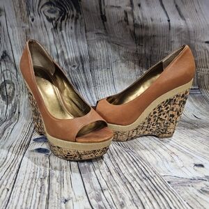 Nine West Tan and Brown Wedge Peep-Toe